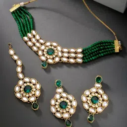 Peora Gold-Plated Kundan Studded Choker Necklace with Earring Maang Tikka Jewellery Set-picture-35