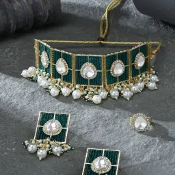 Zaveri Pearls Green Multistrand Beaded Cluster Choker Necklace Earring & Ring Set-ZPFK16501-image-28