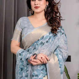 MAHARANI COUTURE Abstract Printed Zari Jamdani Saree With Blouse Piece image 3