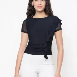 Guess Verdiana Slinky Mesh Jet Black Solid Round Neck Regular Fit Asymmetrical Ruffle Top-image-19