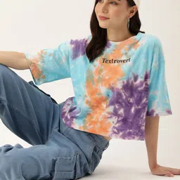 Harvard Tie and Dye Printed Drop-Shoulder Sleeves Applique T-shirt image 1