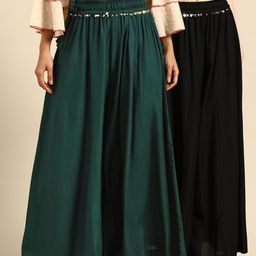 TAG 7 Women Black & Green Solid Flared Palazzos-picture-8