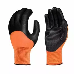 Robustt Polyester and Nylon Cut Resistant Gloves Black and Orange Color, Standard Size, HALF-COATED-GLOVES (Pack of 5 Pair) image 1