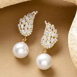Rubans Voguish 18K Gold-Plated Crystals Studded & Pearls Beaded Leaf Shaped Drop Earrings-image-96