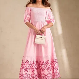 Outzidr Floral Embroidered Off-Shoulder Puff Sleeve A-Line Midi Dress image 2