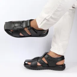 fausto Men's Genuine Leather Hook & Loop Closed Toe Fisherman Roman Sandals image 5