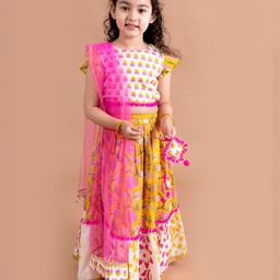 Pspeaches Short Sleeves Floral Motif Printed Tassel Detail Choli With Lehenga And Dupatta - Yellow-picture-37