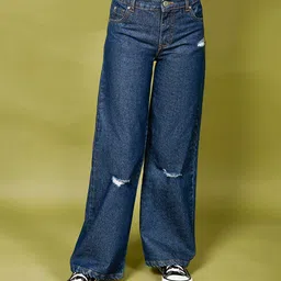 Lilpicks Couture Mild Distressed Washed Flared Denim Jeans - Navy Blue-image-75