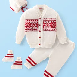 Babyhug Knitted Full Sleeves Sweater & Pajama Set with Floral Design - White-picture-21