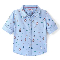 Babyhug Cotton Full Sleeve Regular Collar Christmas Theme Printed Shirt - Blue-image-2