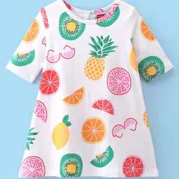 Babyhug Cotton Knit Three Fourth Sleeves Fruits Printed Nighty - White-picture-12