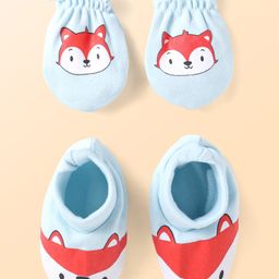 Babyhug Interlock Knit Mittens & Booties With Fox Print - Light Blue-picture-38