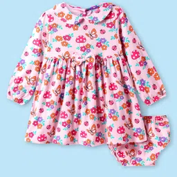 Babyhug Cotton Knit Full Peasant Sleeves Floral Printed Peter Pan Collared Frock with Bow Detailing - Pink & Blue-picture-11