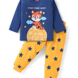 Babyhug Cotton Knit Full Sleeves Night Suit with Tiger & Star Print - Yellow & Navy Blue-picture-28