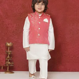 AJ Dezines Chanderi Full Sleeves Floral Foil Printed Kurta Pyjama With Jacket Set - Pink-picture-17