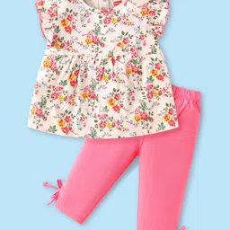 Babyhug Single Jersey Knit Frill Sleeves Floral Printed Top & Capri Set with Bow Applique - Pink-picture-18