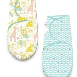 Polka Tots Cotton Jungle & Wave Print Swaddle Wrap For New Born Baby - Multicolor - Set Of 2-image-1