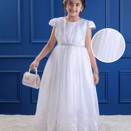 Mark & Mia Woven Cap Sleeves Party Gown With Floral Embroidery & Sequin Detailing - White-picture-19