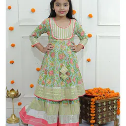 Ka-mee Cotton Woven Three Fourth Sleeves Floral Printed & Gota Lace Embellised Kurta Sharara Set - Green-image-6