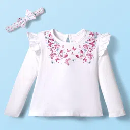 Babyhug 100% Cotton Knit Top & Hairband with Butterfly Print & Frill Detailing - White-picture-16