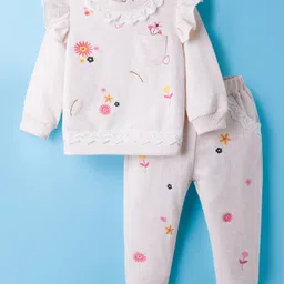 ToffyHouse Knitted Full Sleeves Winter Wear Suit with Frill Detailing & Floral Embroidery - Off White-picture-29