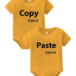 Baby Buzz Pack Of 2 100% Cotton Knit Twins Theme Half Sleeves Copy Paste Text Printed Onesies - Yellow-picture-23
