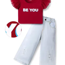 OLLINGTON ST. Cotton Frill Sleeves Top & Denim Pant Set with Text Print - Wine & Blue-picture-20