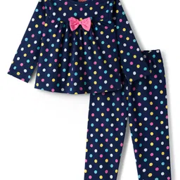 Babyhug Cotton Knit Full Sleeves Co-ord Night Suit With Polka Dot Print & Bow Applique - Navy Blue-picture-26