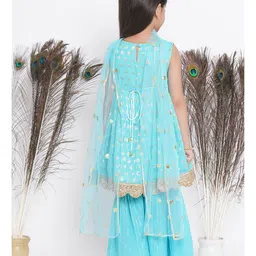 Little Bansi Sleeveless Banarasi Floral Motif Detailed Kurta With Lurxe Striped Sharara & Duppatta - Ferozi Blue image 3