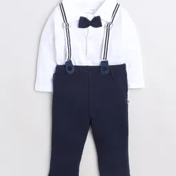 BUMZEE Interlock Knit Full Sleeves Solid Shirt & Pant Set With Suspender & Cap - Navy Blue & White image 2