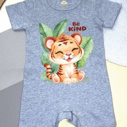 COCOON ORGANICS 100% Cotton Knit Half Sleeves Baby Tiger Printed Anit Microbial Romper - Grey Melange image 3