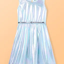 Hola Bonita Knit Knee Length Holographic Party Dress With Full Sleeves Fur Shrug - Aqua Blue image 3
