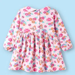 Babyhug Cotton Knit Full Peasant Sleeves Floral Printed Peter Pan Collared Frock with Bow Detailing - Pink & Blue image 3