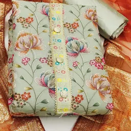 SAINOOR Floral Printed Sequinned Organza Semi-Stitched Dress Material image 2