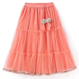 Babyhug Sleeveless Chanderi Embrodered Choli With Shimmer Net Tiered Lehenga And Dupatta- Peach image 4