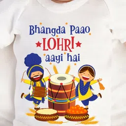 KNITROOT Lohri Theme Half Sleeves Lohri Aayi Hai Text Printed Onesie - White image 5