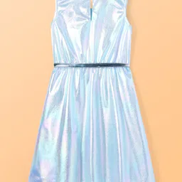 Hola Bonita Knit Knee Length Holographic Party Dress With Full Sleeves Fur Shrug - Aqua Blue image 4