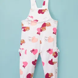 Babyoye 100% Cotton Knit With Eco Jiva Finish Dungaree & Full Sleeves Inner Tee With Teddy Bear & Heart Print - Pink & White image 4