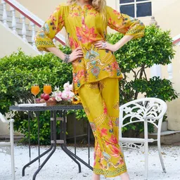KALINI Women Mustard Viscose Rayon Floral Printed Co-ord Set-image-3