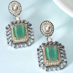 Karatcart Black Silver-Plated Lime Green Cubic Zirconia Studded Drop Earrings for Women-picture-44