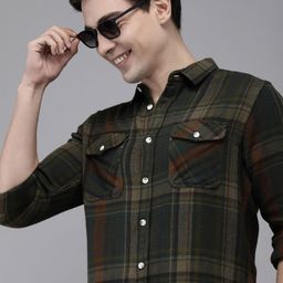 THE BEAR HOUSE Olive Green Tartan Checked Heavy Weight Flannel Pure Cotton Slim Fit Shirt-picture-7