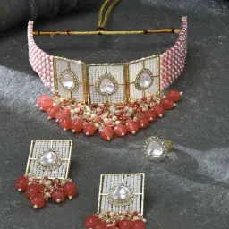 Zaveri Pearls Orange White Multistrand Beaded Ethnic Choker Necklace Earring & Ring Set-ZPFK16500-image-70