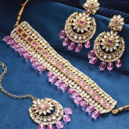 Aatmana Gold-Plated Pink & White Kundan Studded & Pearl Beaded Necklace Set image 1