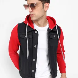 Campus Sutra Black & Red Regular Fit Hooded Jacket image 1