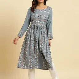 W Blue Printed Fit and Flare Kurta image 1