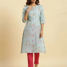 W Blue Cotton Printed Straight Kurta image 1