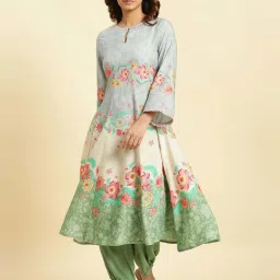 W Blue Printed A Line Kurta image 1