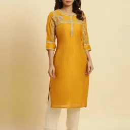 W Mustard Embroidered Straight Kurta image 1