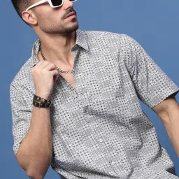 showoffff Showoff Grey Cotton Slim Fit Printed Shirt image 1