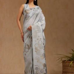 Soch Light Grey Tussar Woven Design Saree With Stitched Blouse-picture-40